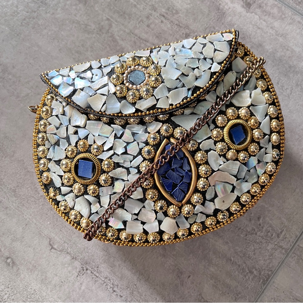 Unique jewel embellished clutch evening bag with gold and blue details roomy